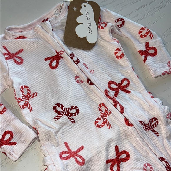 Angel Dear Pink Red Candy Cane Bow Print Footie Newborn 0-3 3-6 months - Picture 3 of 4